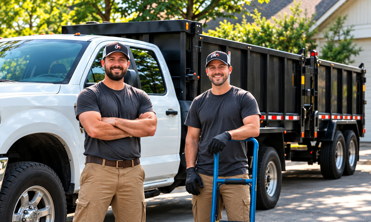 Two local business owners standing in front of a work truck